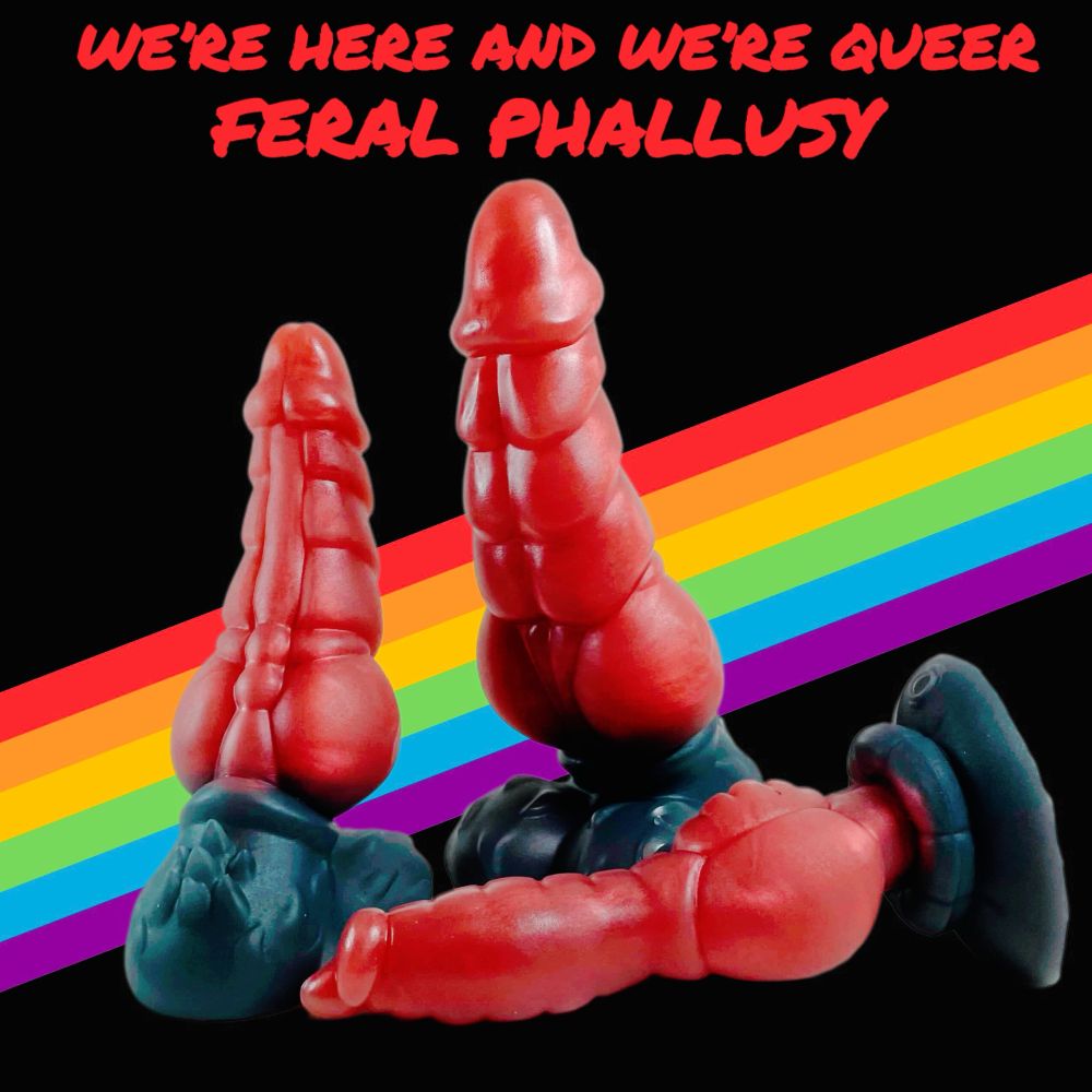 Text at top of image reads: We’re here and we’re queer. Feral Phallusy. 
Photo below of 3 dildos with pride flag diagonally behind them. 