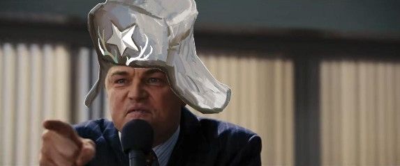 Leonardo Dicaprio in Wolf of Wall Street giving his "start dialing" speech, except he's wearing a Disco Elysium Communard hat