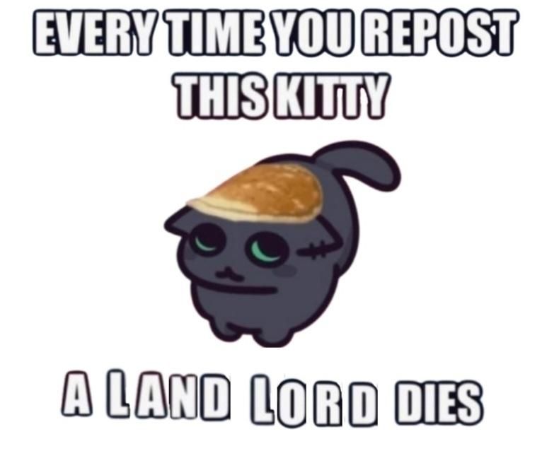 Meme image of a cartoon cat with a pancake on it's head.
"Every time you repost this kitty a landlord dies"