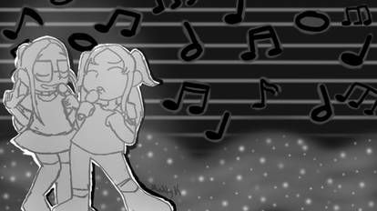 Two girls with microphones singing together. They are standing on a wispy starry cloud with a music score and notes behind them. 