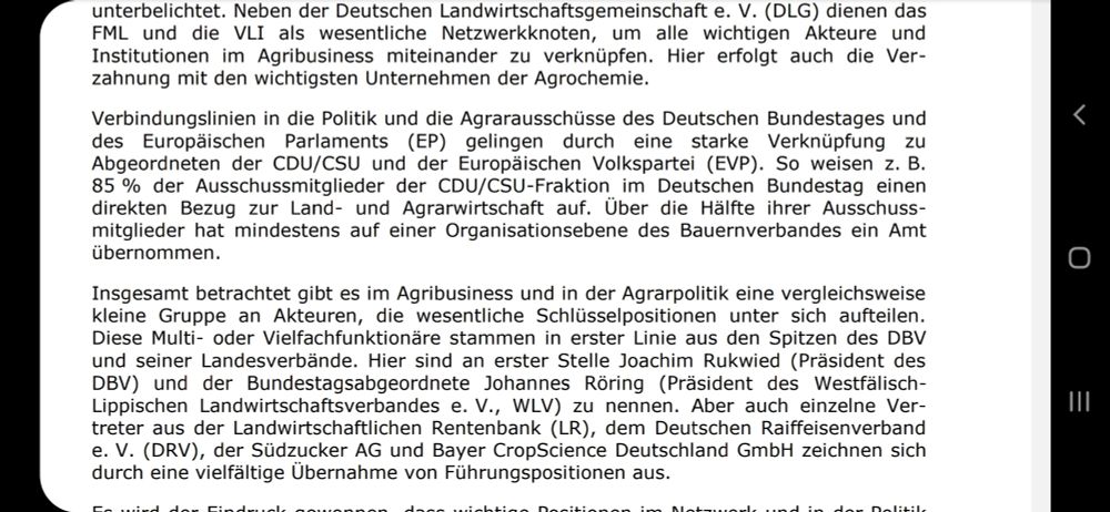 Auszug aus einer Studie, die 2019 im Auftrag des NABU erstellt wurde. Sie zeigt die engen Vernetzungen zwischen Akteueren und Interessenvertretungen aus Landwirtschaft, Industrie und Politik (insbesondere CDU/CSU und auf europäischer Ebene der konservativen EVP) auf.