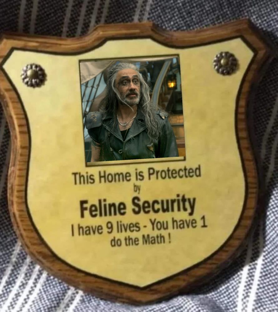 A plaque that says “this home is protected by feline security”
“I have 9 lives - you have 1”
“Do the math!”
The original image has a picture of a cat featured above the words, but I have expertly edited the image so that Edward Teach in his kraken era is slapped over where the cat was. 