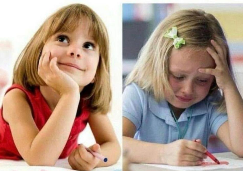 an image of a girl with a pen looking up with a smile next to an image of a girl with a crayon absolutely going through it 