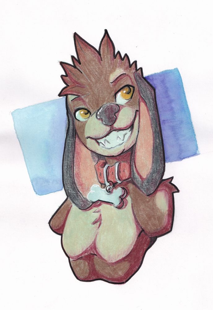 A mixed media bust drawing of Roary, an anthropomorphic dog boy, smiling.