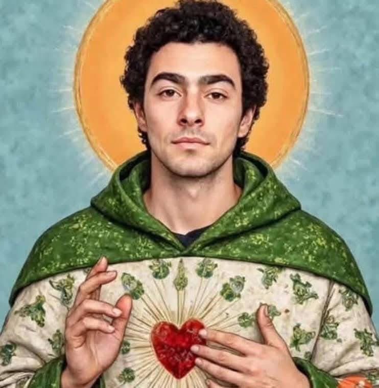 Luigi Mangione in the style of a painting of a saint