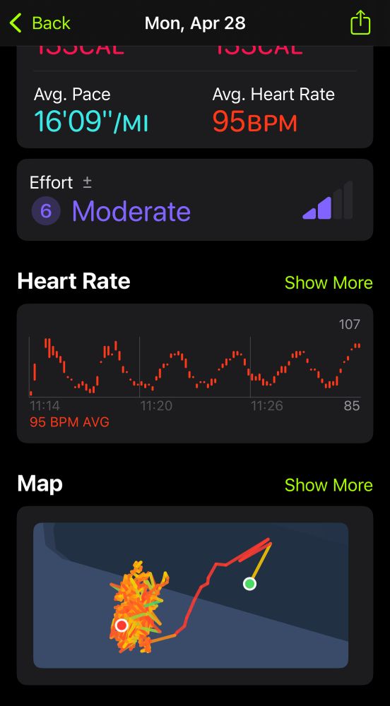 Screenshot of an Apple Fitness summary screen showing pace, average heart rate, effort, heart rate graph, and a map that looks like a two-year-old got their hands on some crayons.