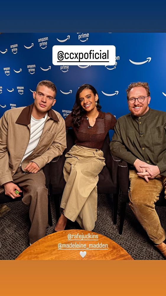 Josha Stradowski, Madeleine Madden, and Rafe Judkins in front of an Amazon Prime background in Sao Paulo, Brazil at CCXP24