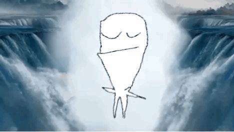 a drawing of a person in front of a waterfall with their eyes closed