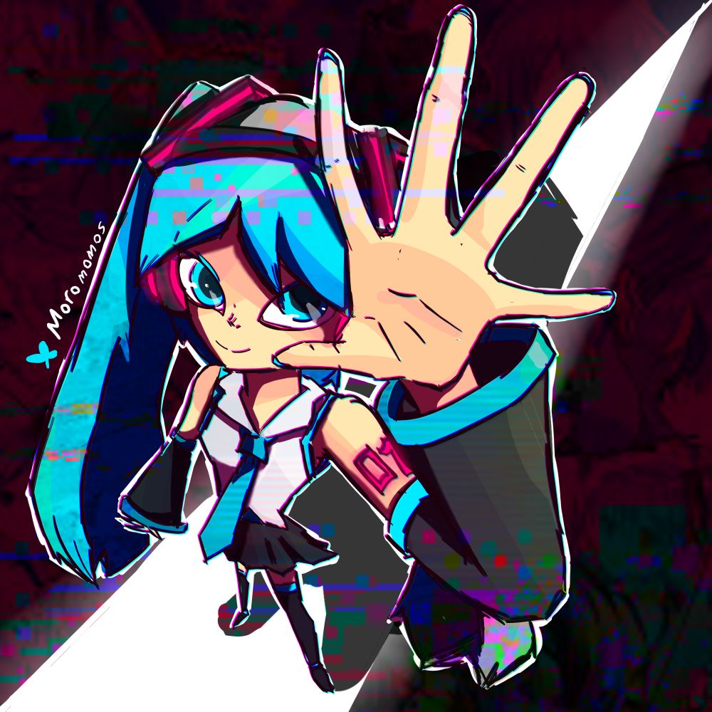 Drawing of hatsune miku from an upwards dynamic angle. Digital drawing with bright cute lil colors. Lil miku collage in the background I stole from google lol, glitch textures around the picutre. Main colors magenta and cyan