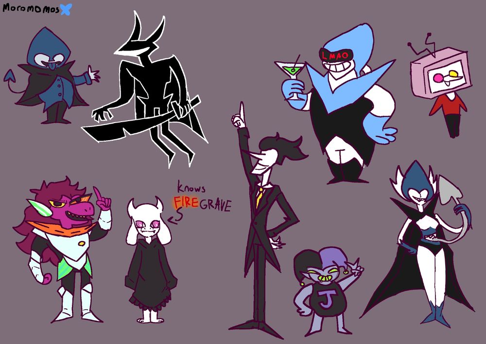 Deltaswap, deltarune underswap fanart. 
Asriel as the roaring knight, Susie and ralsei as Burghly and Noelle (the latter which knows firegrave), King and Queen, Spamtom and Tenna, Lancer and Jevil.