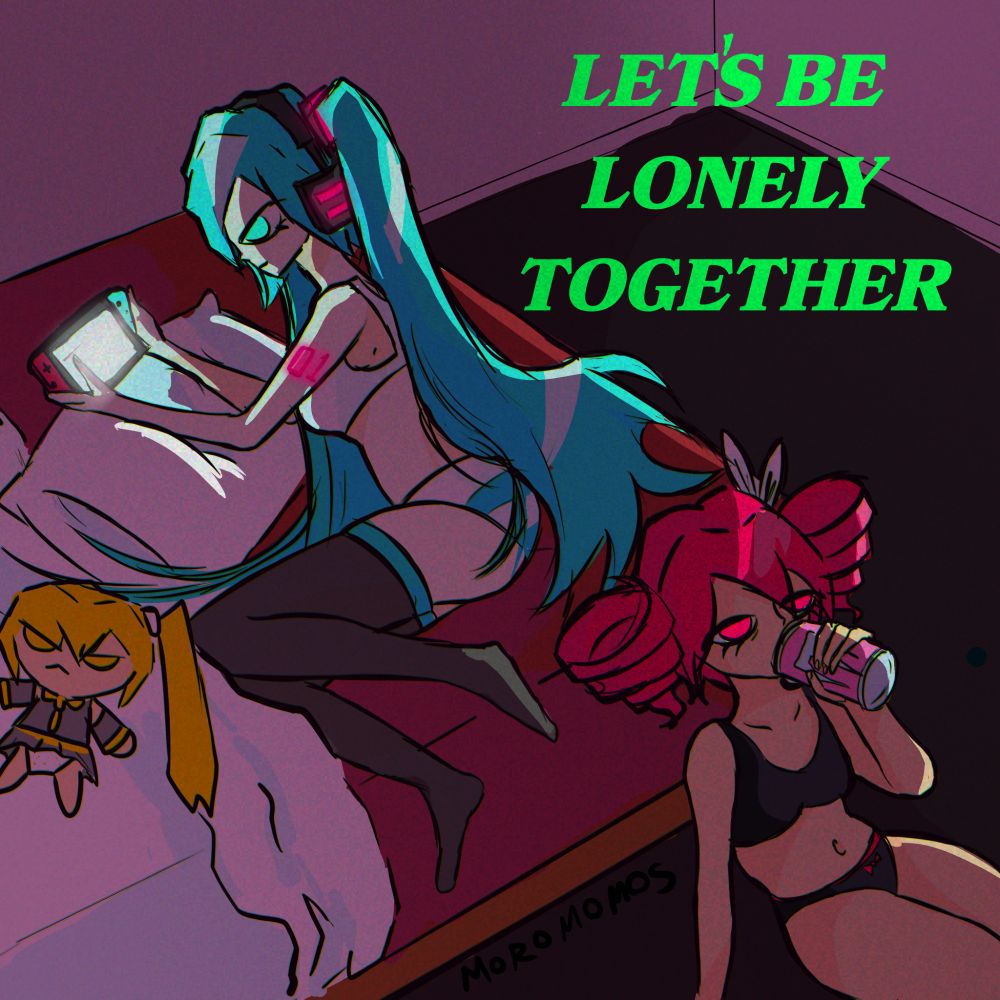 digital drawing hatsune miku in underwear playing on nintendo switch in bed "let's be lonely together" kasane teto sitting on floor drinking out of pink monster can