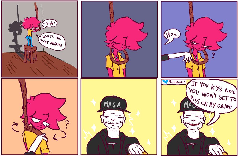 six panel comic where a lil pink guy with a yellow shirt and thick ass about to hang himself before elon musk stops him and says "if you kys now you wont get to piss on my grave"