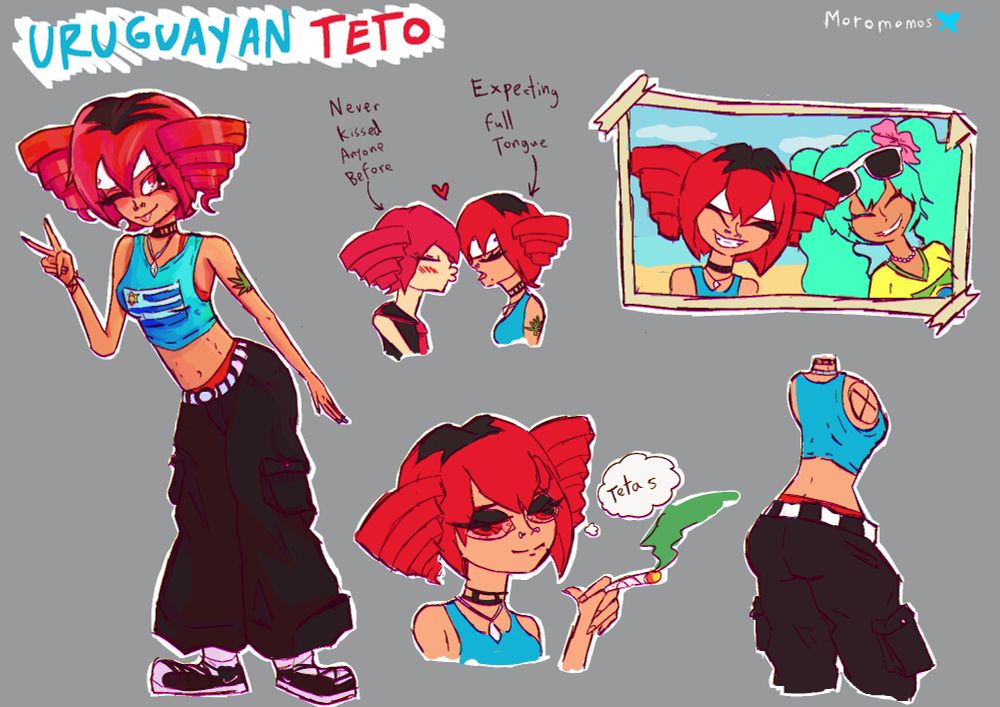 Multiple drawings of an OC called uruguayan teto, inpired by brazilian miku. 