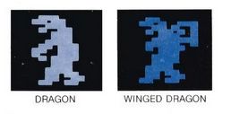 two printed pictures of Atari sprites from a DnD Manual, one says "DRAGON" underneath a blue guy looking thing, the other one is a darker blue and has wings, called "WINGED DRAGON" underneath.