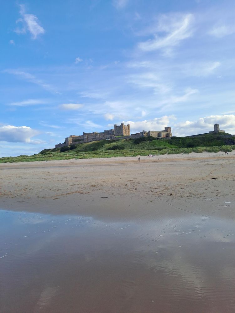 Bamburgh castle stands proud on a small hill overlooking a beach. 