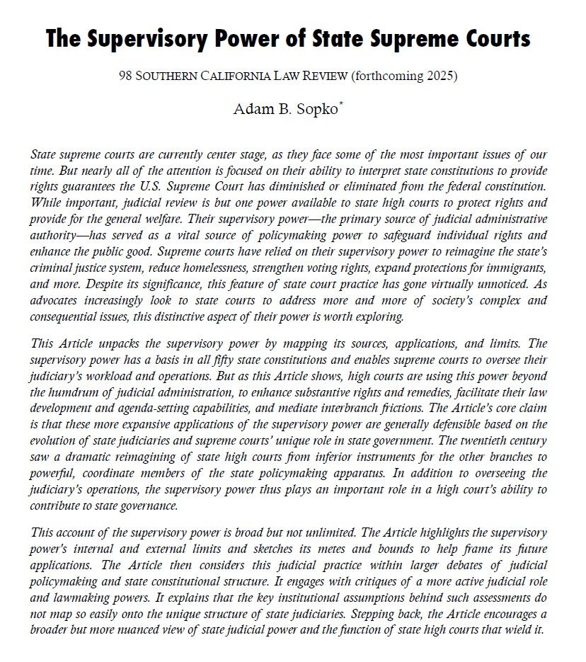 Image of the abstract for my law review article, The Supervisory Power of State Supreme Courts.