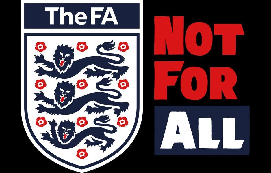 Image is the FA logo but instead of saying 'for all' the wording has been changed to 'not for all'