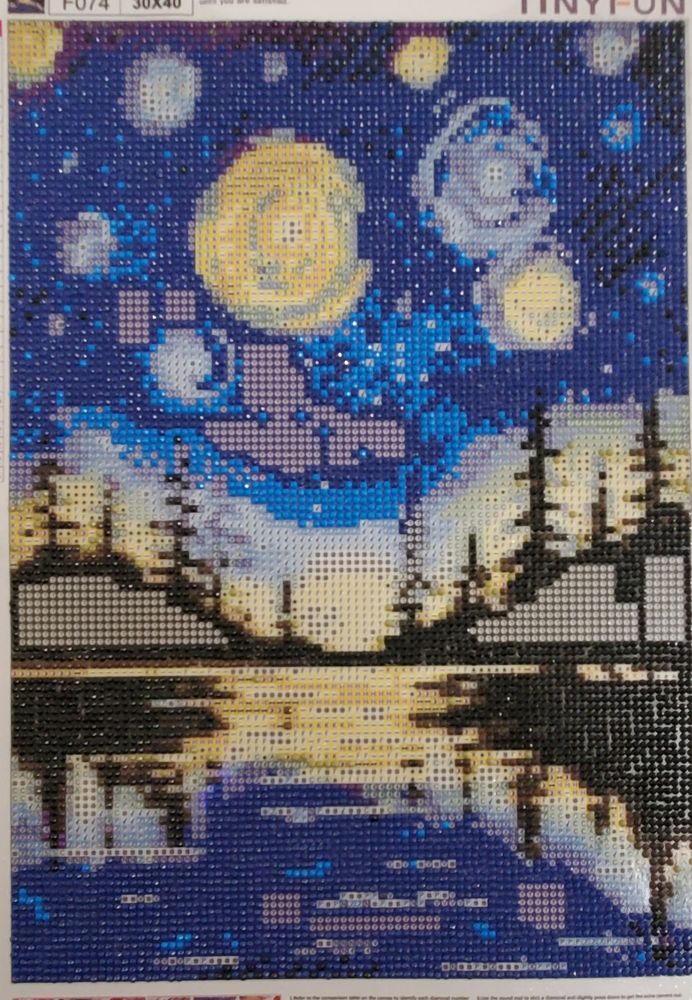 A diamond painting depicting a starry night forest reflected in water