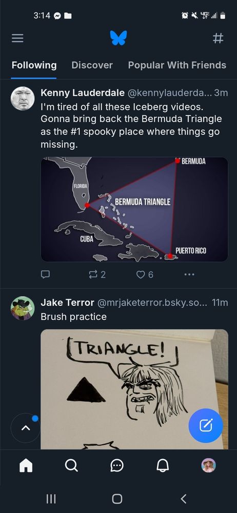 A screen cap of two bsky tweets, one from Kenny Lauderdale referencing the Bermuda Triangle, and the top half of one from Jake Terror where his fantasy bastard character disdainful says "Triangle! "