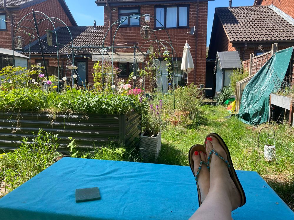 Foreground: my feet, wearing flip-flops,  resting on a low table covered with a blue fleece blanket. I’m in the shade of a parasol (not seen).

Midground: my wildlife-friendly (aka messy) garden with lots of spring flowers.

Background: Two-storey brick house and clear blue sky.