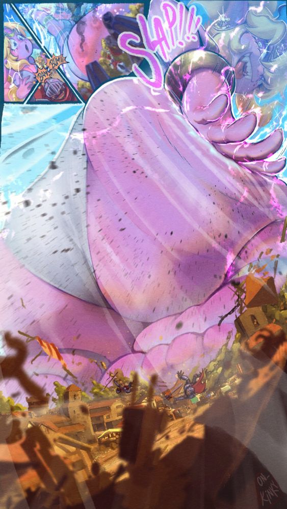 giant Spicy the fairy getting attacked from behind, slapping her butt to make a thunder wave that blows away the marketplace