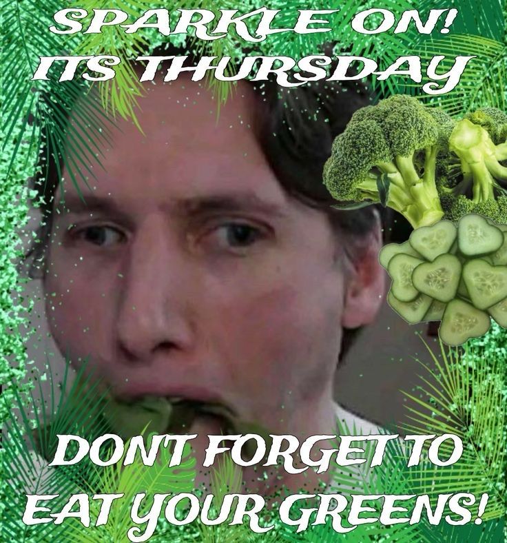 an edit of Jerma, his eyes are going opposite directions and he is shoving leafy greens in his mouth. overlaying text says “SPARKLE ON! IT’S THURSDAY. DON’T FORGET TO EAT YOUR GREENS!” the image is bordered with green sparkles, leaves, and green vegetables. 
