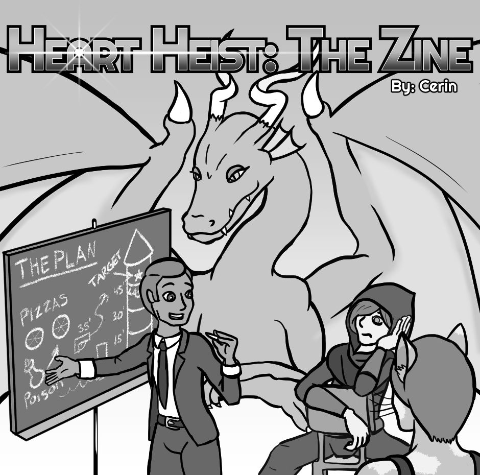A drawing of three thieves planning a heist in front of a lounging dragon. One thief in a suit stands at a chalkboard with the words "The Plan" written across the top, with a chalk diagram of a tower, gesturing to a drawing he's labelled "poison." The second thief wearing a hood and leather bracers listens while sitting backwards in a chair. The third thief, seen from behind, has cat ears and whiskers. The dragon's wings spread across most of the background as they peer down at the thieves with a salacious smile.