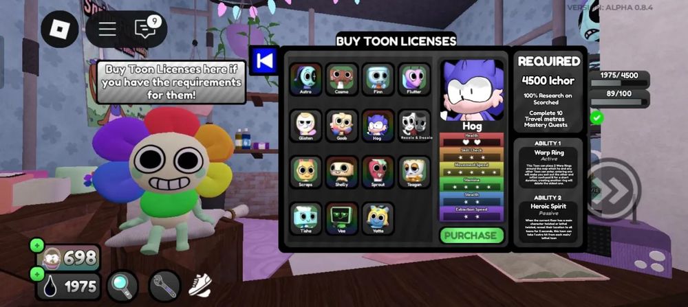 a screenshot of viewing toon licenses in dandy's shop, specifically the toon license for a character named hog. he is a main character so he has two health, and he also has 3 star skill check, 5 star movement speed, 4 star stamina, 2 star stealth, and 2 star extraction speed

the requirements to buy him are 4500 ichor, 100% research on scorched, and completing 10 travel distance/travel meters mastery quests. his abilities are that he can place down a warp ring on two places on the map to teleport toons and that he reveals all main/lethal twisteds on the floor for 5 seconds when they first arrive and can take an extra hit from them