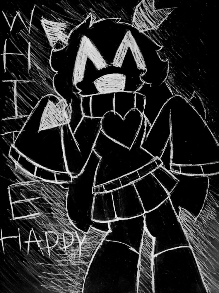 a black and white drawing of a girl based on the song white happy by maretu. she's wearing a sweater with a heart symbol on it with oversized sleeves that go over her hands, a miniskirt, and knee-high boots. she has long fluffy hair and her expression has her eyes closed and mouth open in a smile. there are two arrows going through her head, to match with the original song's music video. the text "WHITE HAPPY" is on the left side of the drawing
