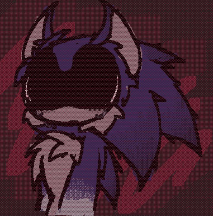 a doodle of an au version of scorched. this version of him has quills that fade into a darker color, ears are slightly curved or horn shaped, and he seems to be constantly crying. the drawing in tinted pink.