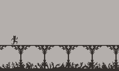 1 bit gif of a sidescroller game. A humanoid creature runs over a gothic bridge above a ghostly graveyard or battlefield