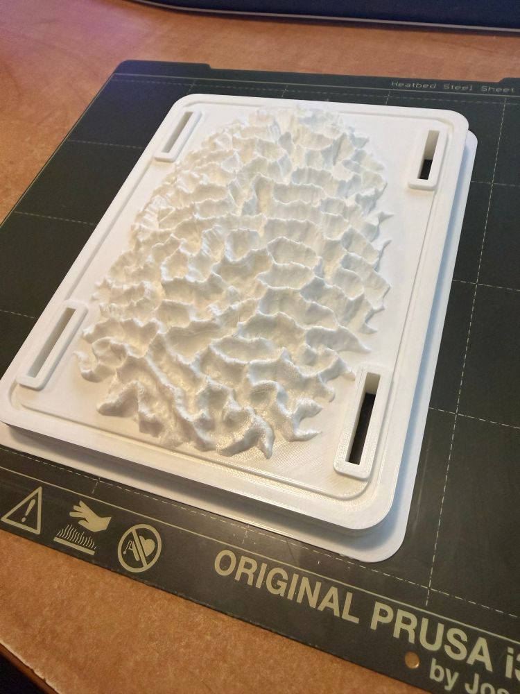 Image of a 3D printed leg/pillow mountable grinder master fresh off of the 3D printer. Design is rectangular with holes for two straps, and contains a large model of a coral as the grindable surface.