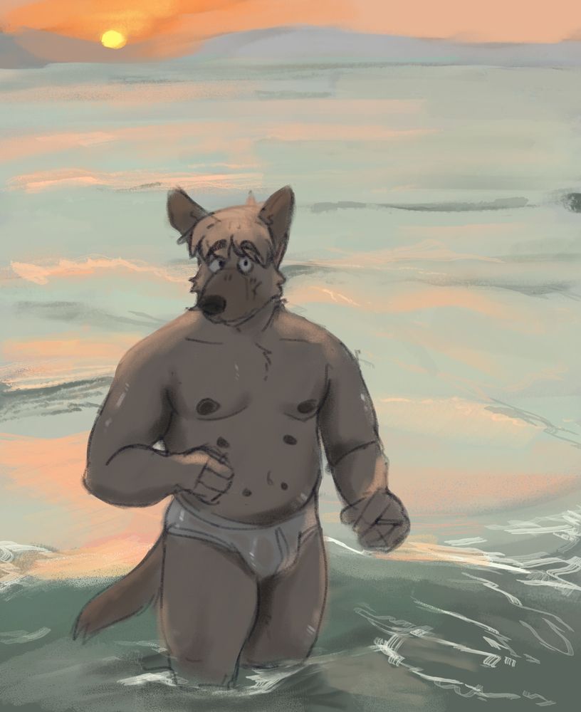 Heinrich in his undies looking up from sunsetted waters. 