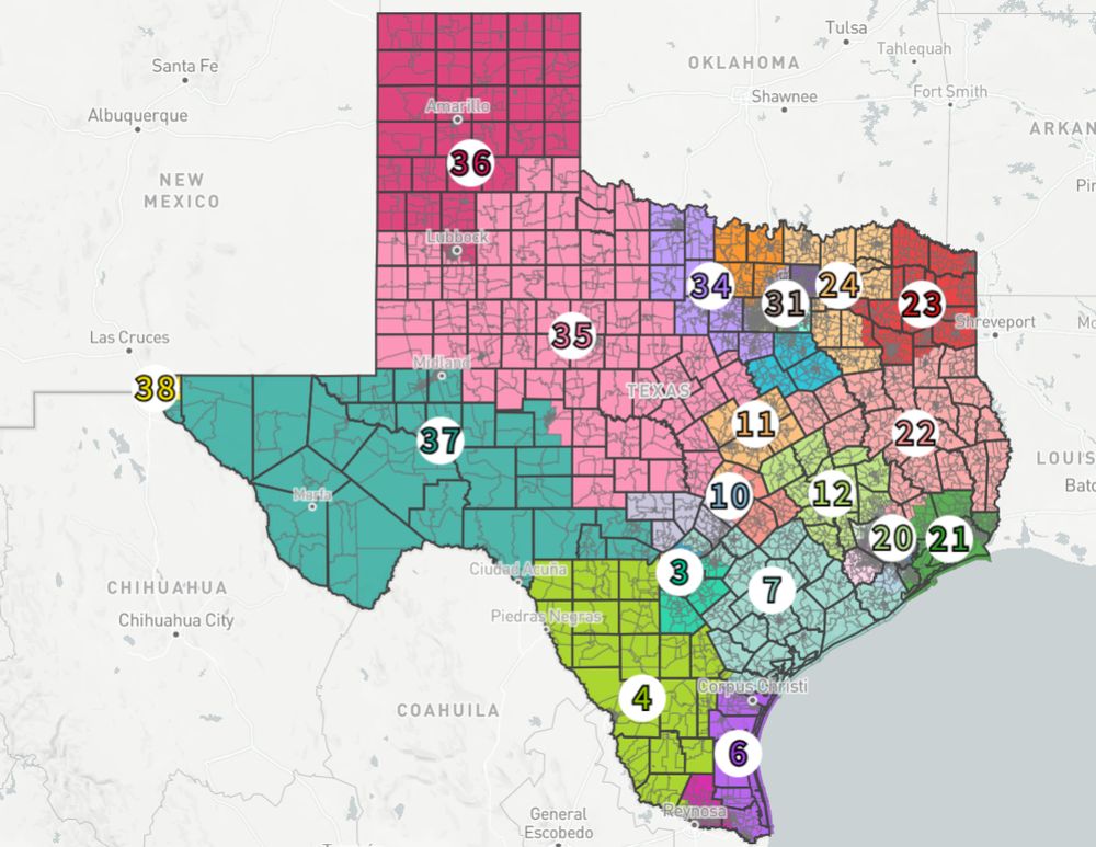 A proposed congressional redistricting for Texas' 38 seats.