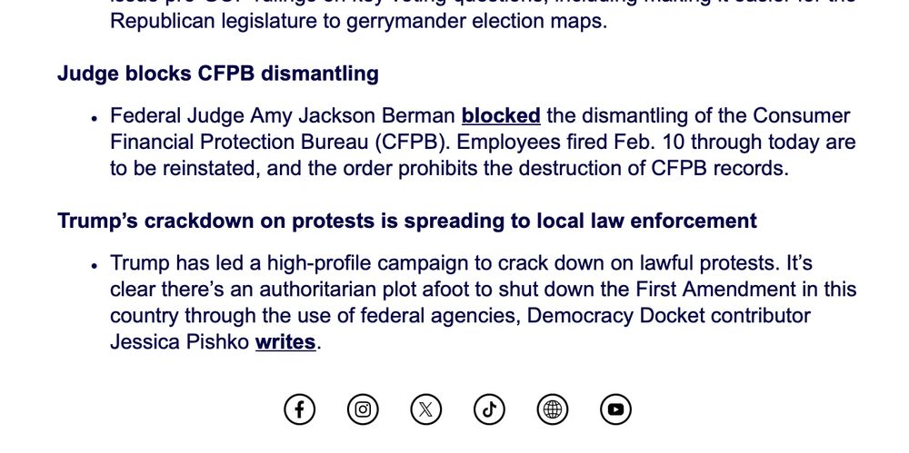 Screenshot of the bottom of Democracy Docket newsletter showing social links to Facebook, IG, X, TikTok, WWW and YouTube