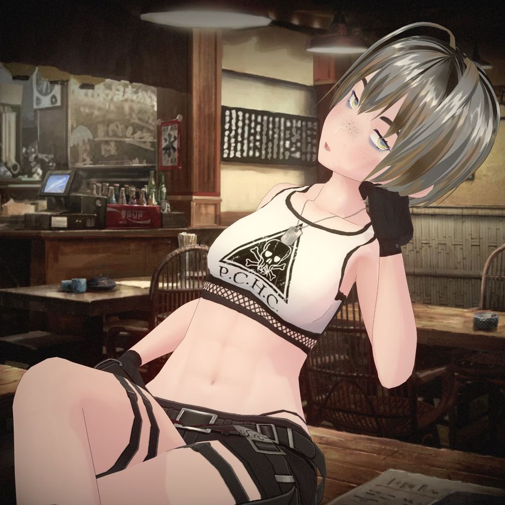 Noontide Kelly wearing a tank top and shorts, leaning over and looking bored