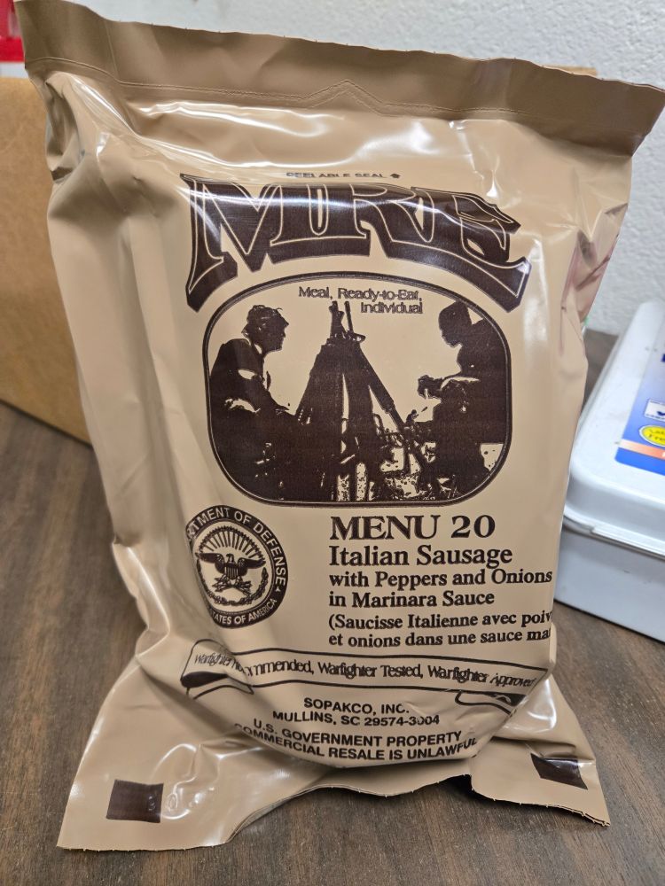 Outer package of an MRE, menu 20 Italian sausage with peppers and onions and marinara sauce 