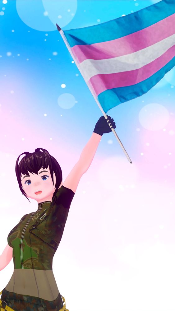 Kelly triumphantly holding a transgender pride flag in front of a bright sparkly background with the same colors as the flag