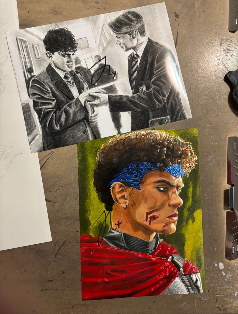 Copies of one of my drawings of Nick and Charlie and my coloured drawing of Wiccan, both autographed by Joe Locke 