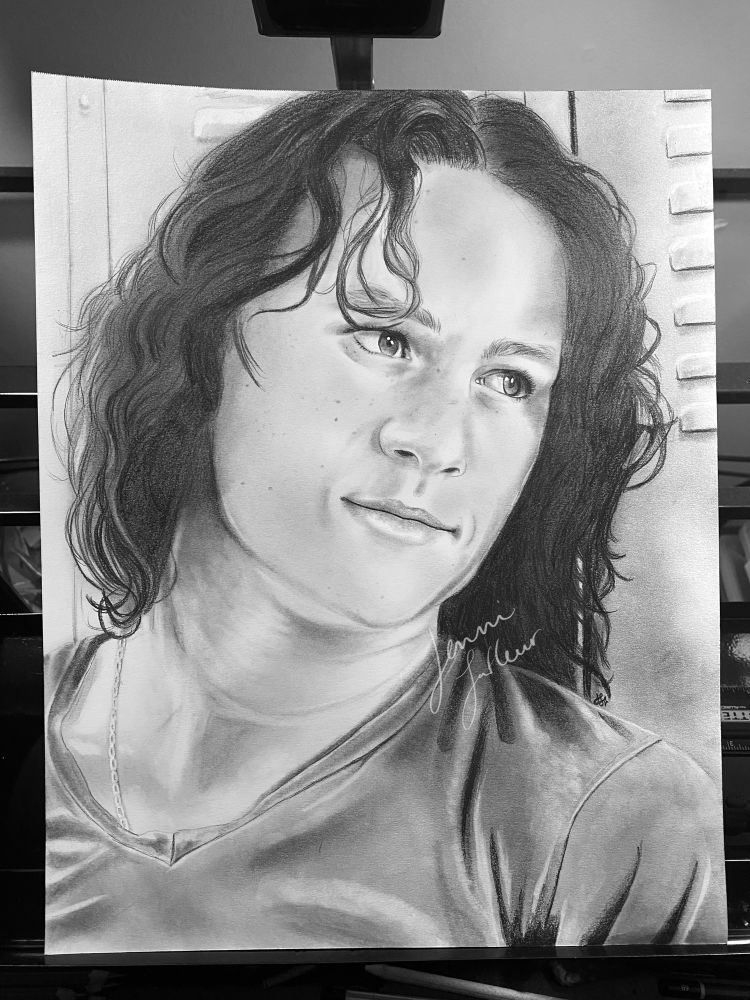 A pencil drawing of Heath Ledger as Patrick Verona in 10 Things I Hate About You 