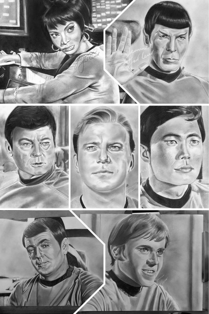 A collage of drawings of the cast of Star Trek: The Original Series. 