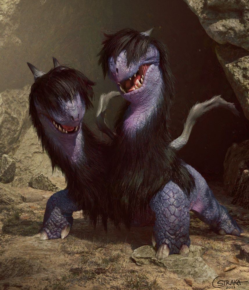 a realistic version of Zweilous emerging from a dusty cave