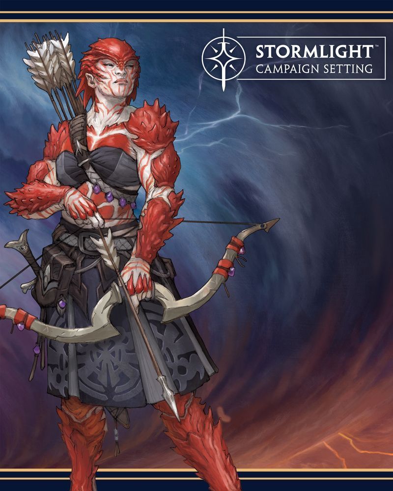 A Singer Huntress from Stormlight with white skin, accented with swirls of red. She is holding a bow and looking off into the distance
