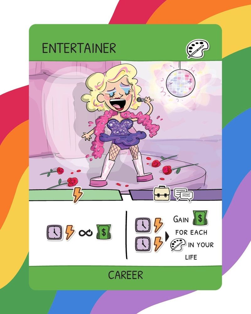 Entertainer card for Adulthood depicting a Drag Queen lip syncing a song