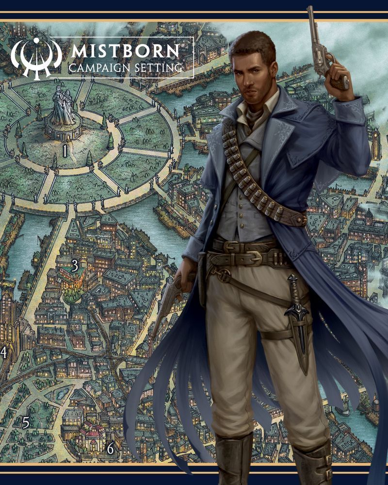 The Sharpshooter path artwork for Mistborn - he is wearing a trenchcoat with mistcloak tassles on the end while holding 2 guns