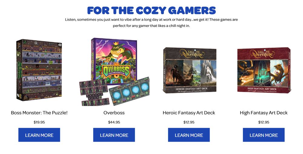 Preview of the Brotherwise holiday gifting guide showing a section "for the cozy gamers"