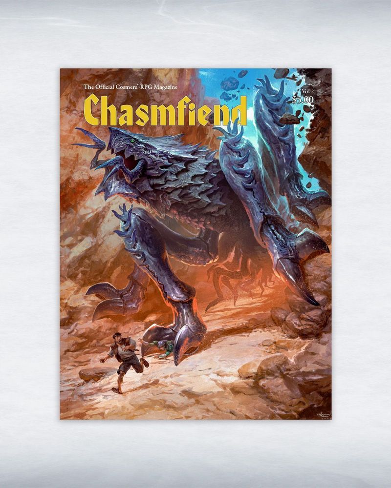 Chasmfiend magazine cover with text: The Official Cosmere RPG Magazine, Vol. 2 $5.00

The artwork on the magazine depicts a chasmfiend chasing a bridgeman through the chasms