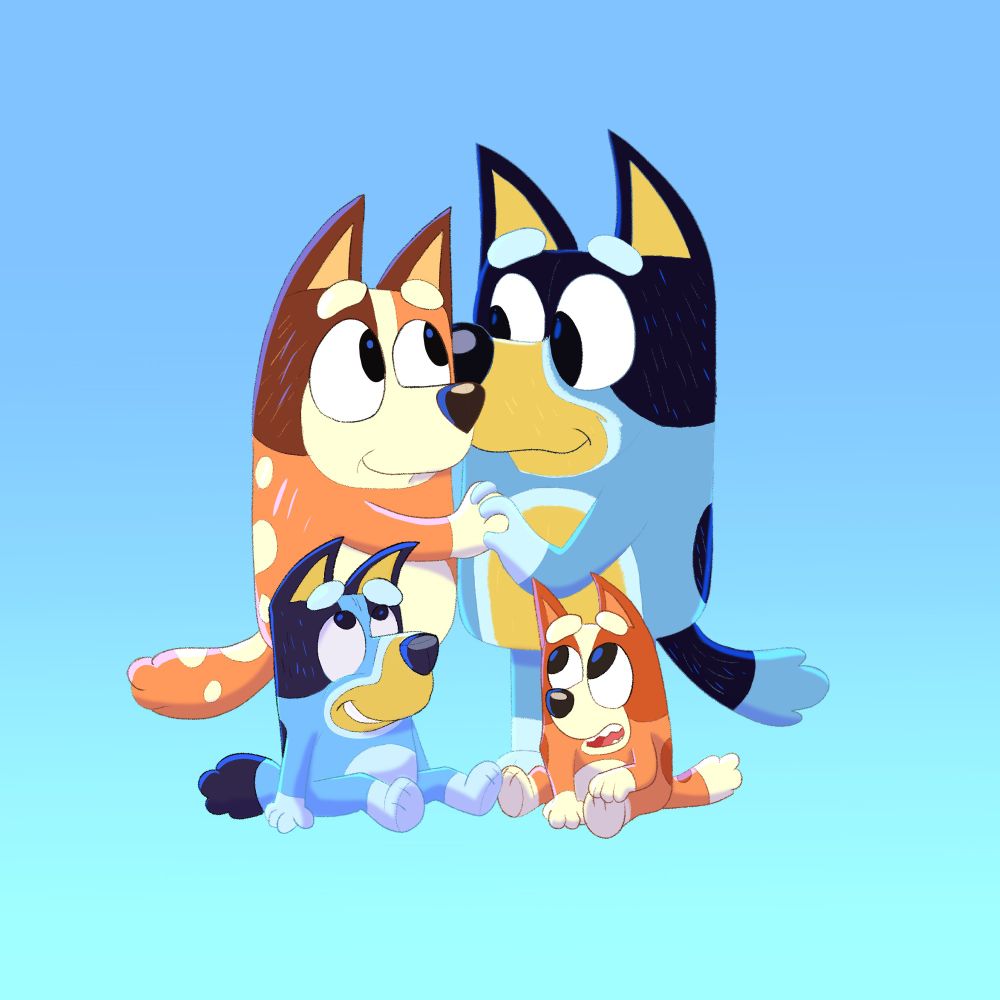 Illustration / fanart of the Heeler Family, including Chili and Bandit Heeler, and their daughters Bluey and Bingo Heeler.