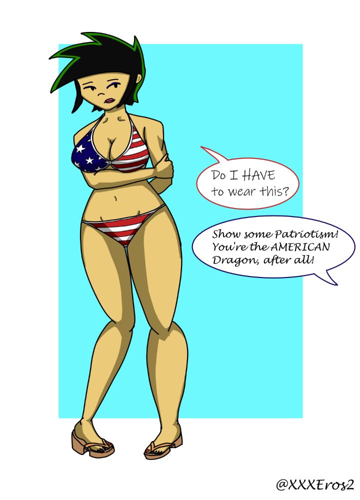 A genderbent and aged up version of Jake Long from the show American Dragon: Jake Long, wearing an American Flag bikini in a shy pose, asking "Do I HAVE to wear this?", while a voice off screen replies "Show some patriotism! You're the AMERICAN Dragon, after all!"