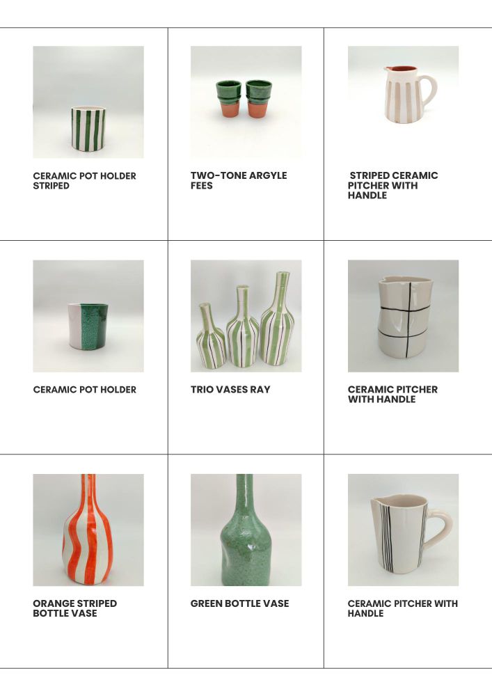 Our curated selection of handmade ceramic products, 
A variety of vases, pitchers, and pot holders 
Unique designs with a mix of bold stripes, earthy tones, and organic shapes
It combine modern…